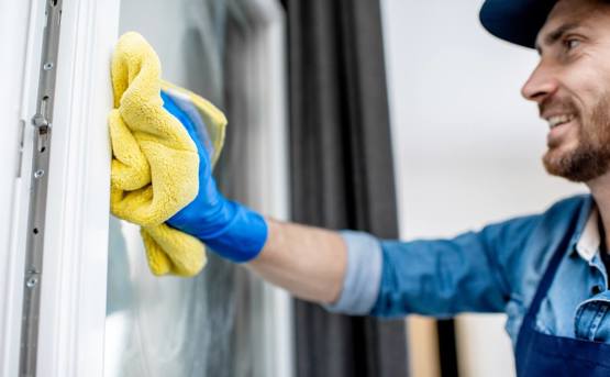 a smiling man cleans a window with a yellow cloth 