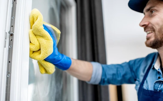 a smiling man cleans a window with a yellow cloth 